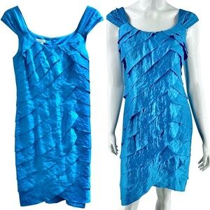 London Times Sheath Dress Size 12 Aqua Ruffle Tiered Cocktail Elegant Sleeveless